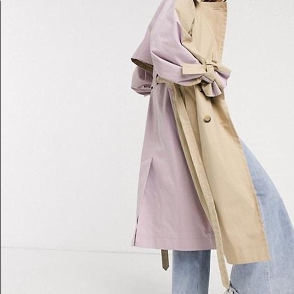 ASOS DESIGN COLOR BLOCK TIE SLEEVE TRNECH COAT LILAC PURPLE STONE TAN SIZE 8 EUC - Picture 3 of 7